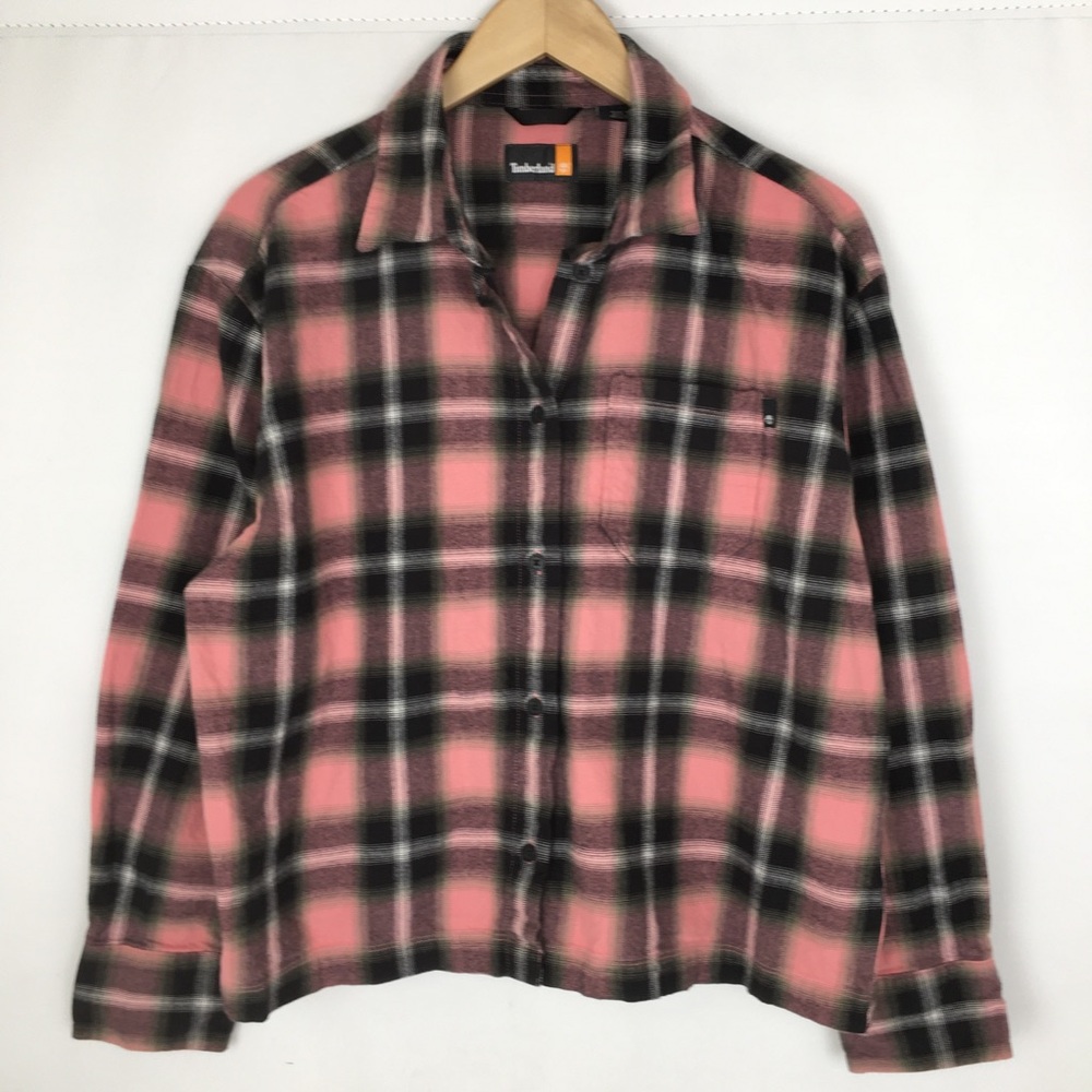 Timberland Flannel Button Up Shirt Women’s Size Medium Pink Black Cotton Plaid